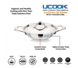 UCOOK SS TRI PLY KADAI- 5 Litres with glass lid