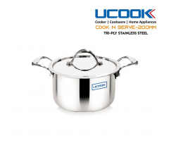 UCOOK Tri Ply Cook & Serve Pot | Stainless steel | Induction Base | With Lid |  20cm/3 L capacity